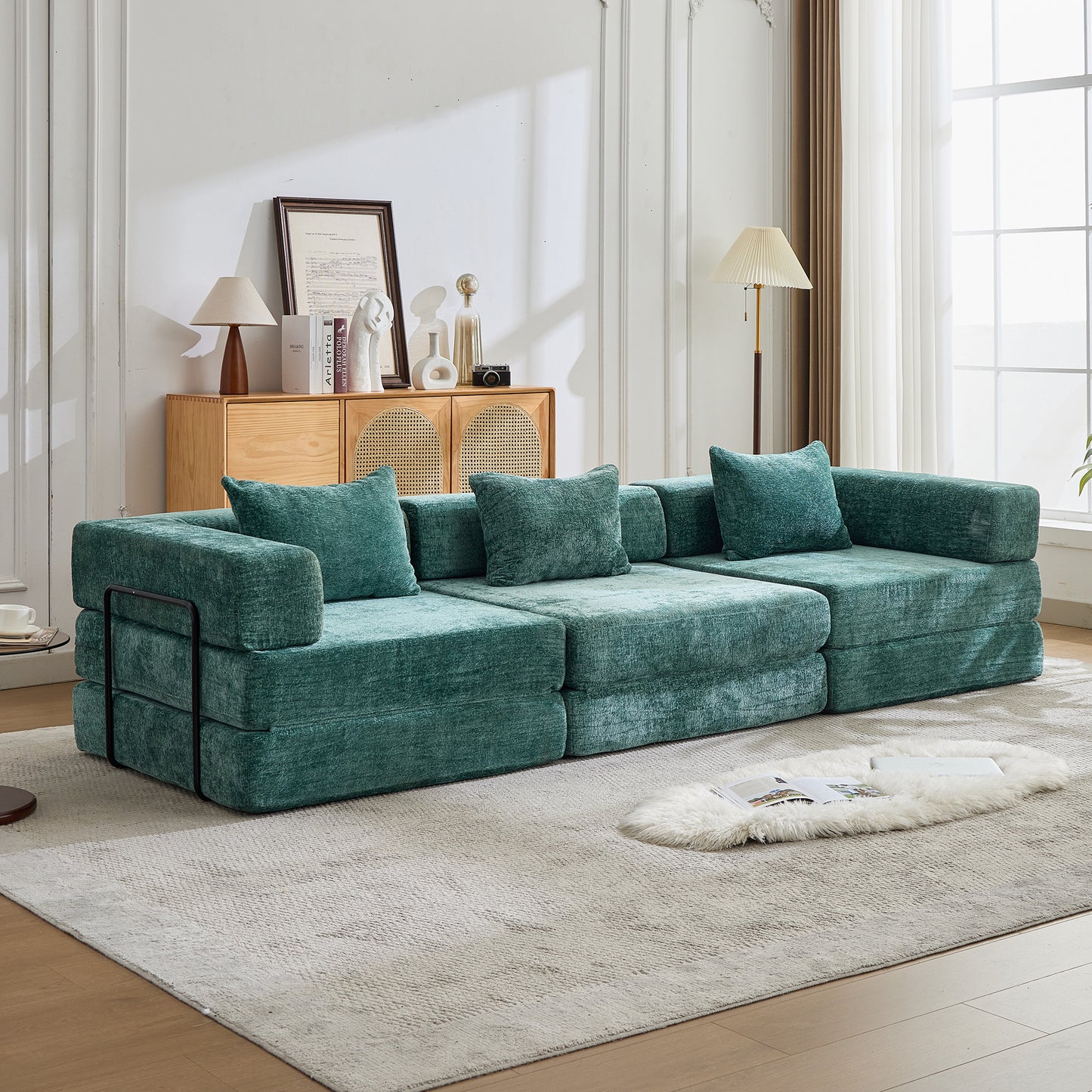 Kompressions-Sofa, Umwandelbares Boden-Sofa-Bett mit feststehendem Rahmen, Knochenloses modulares Sektionalsofa, Keine Montage erforderlich, Chenille-Stoff, für Wohnzimmer und Schlafzimmer, Dunkelgrün