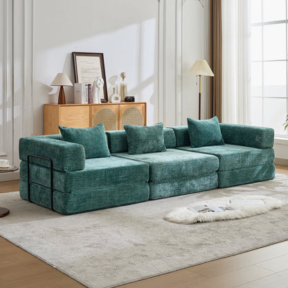 Kompressions-Sofa, Umwandelbares Boden-Sofa-Bett mit feststehendem Rahmen, Knochenloses modulares Sektionalsofa, Keine Montage erforderlich, Chenille-Stoff, für Wohnzimmer und Schlafzimmer, Dunkelgrün