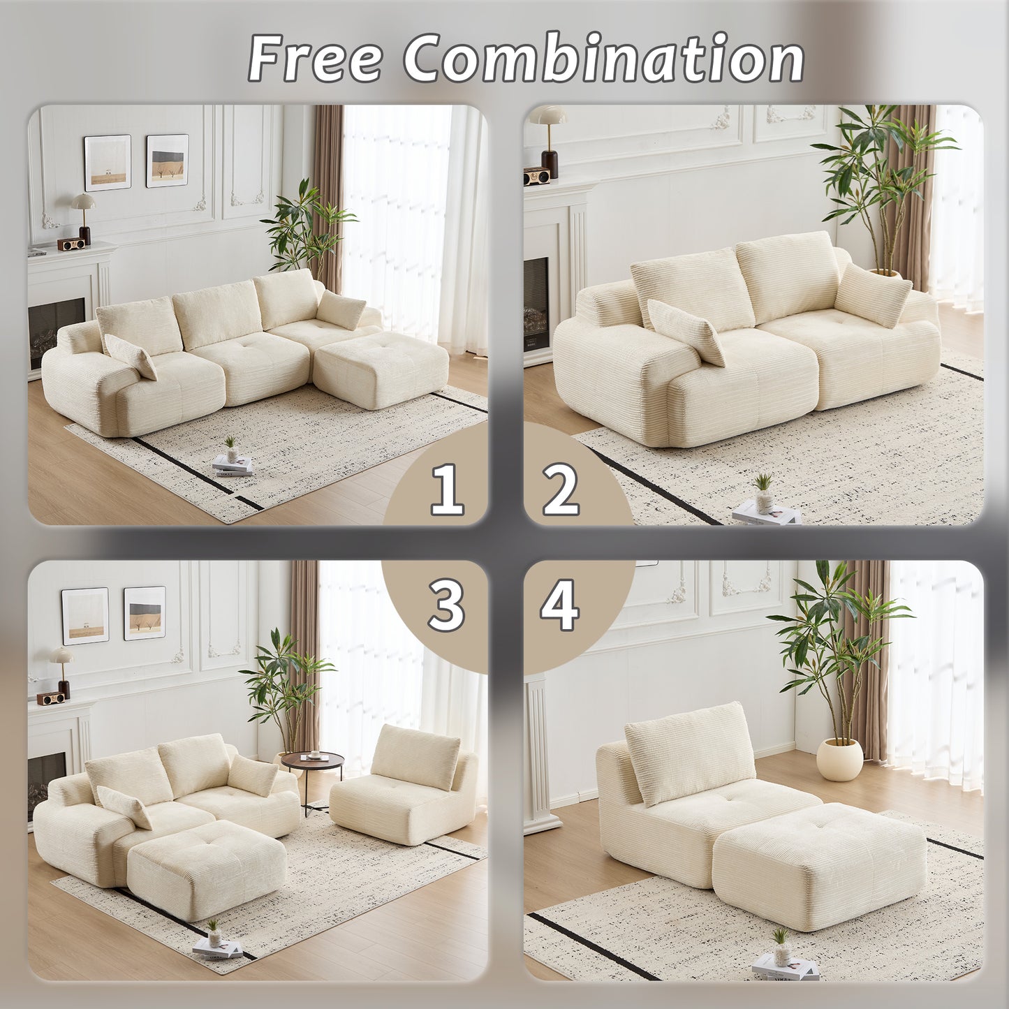 Moderne Kompressions-Matratzen-Sofa, Große Ecksofas für das Wohnzimmer, Haustierfreundliches Wolkenmodulares Ecksofa, Kordstoff, Extra Tiefes Liebespaarsofa, Keine Montage erforderlich, BEIGE