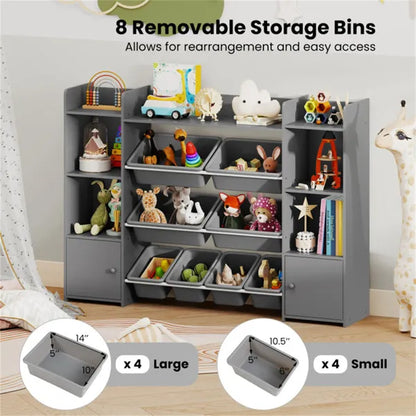 Grauer multifunktionaler Kinderspeicherregal - Spielzeugorganizer + Bücherregal, 142 cm x 30 cm x 99 cm, Umkippsicherung, Tragfähigkeit 120 kg