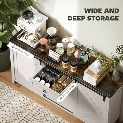 60 Buffet Cabinet, Farmhouse Sideboard With Sliding Barn Doors, Drawers And Adjustable Shelves, Distressed Cream White