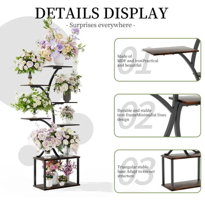 Decorbites 7 tier tree plant stand display rack in black iron and dark wood with minimalist lines for plant stand display