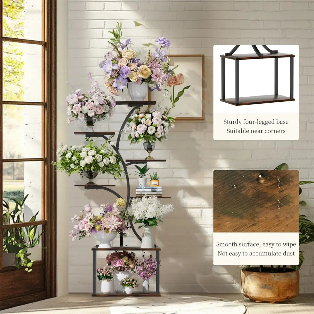 DecorBites™ 7 tier black metal plant stand display rack with wooden shelves and a sturdy four-legged base for plants