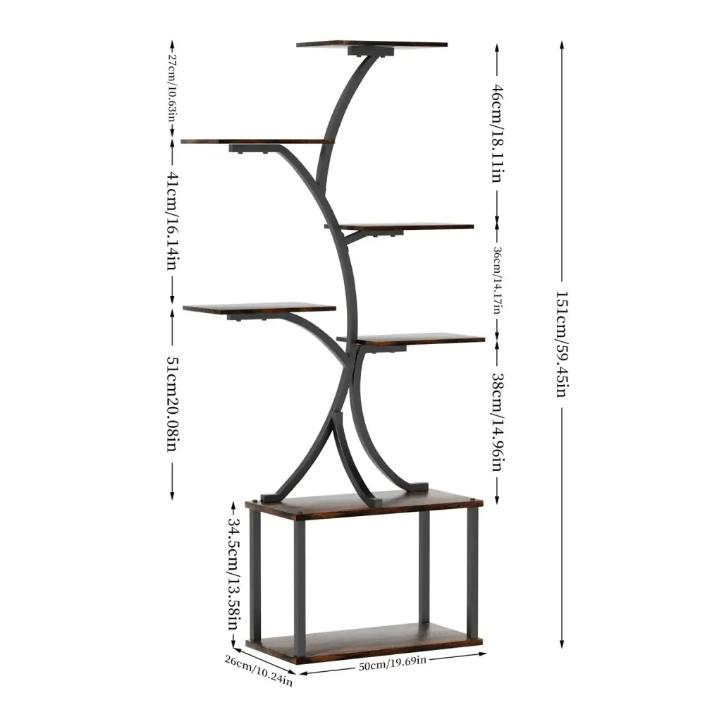 Dark brown wooden shelves with black metal frame plant stand display rack by decorbites 7 tier design