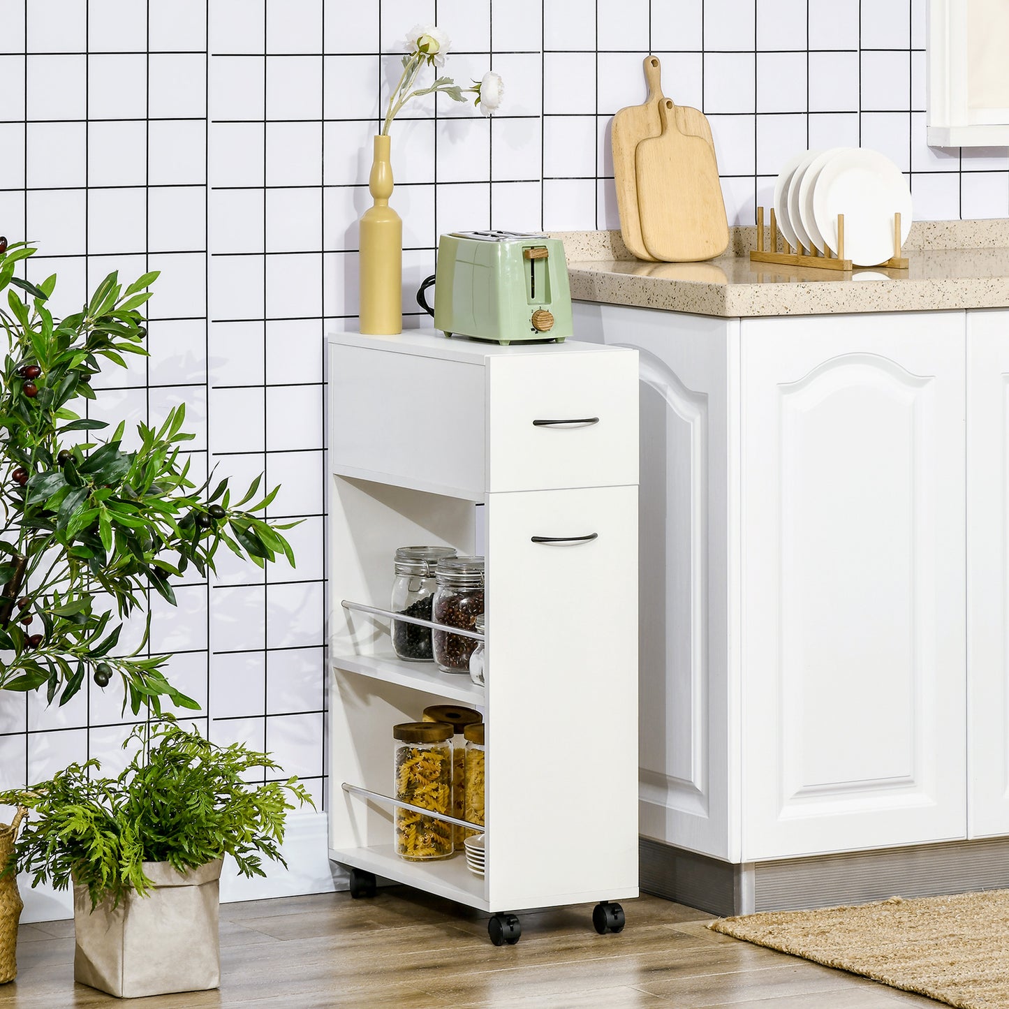 6,25" x 20,5" x 28,25" rollbarer schmales Badezimmerschrank für seitliche Aufbewahrung