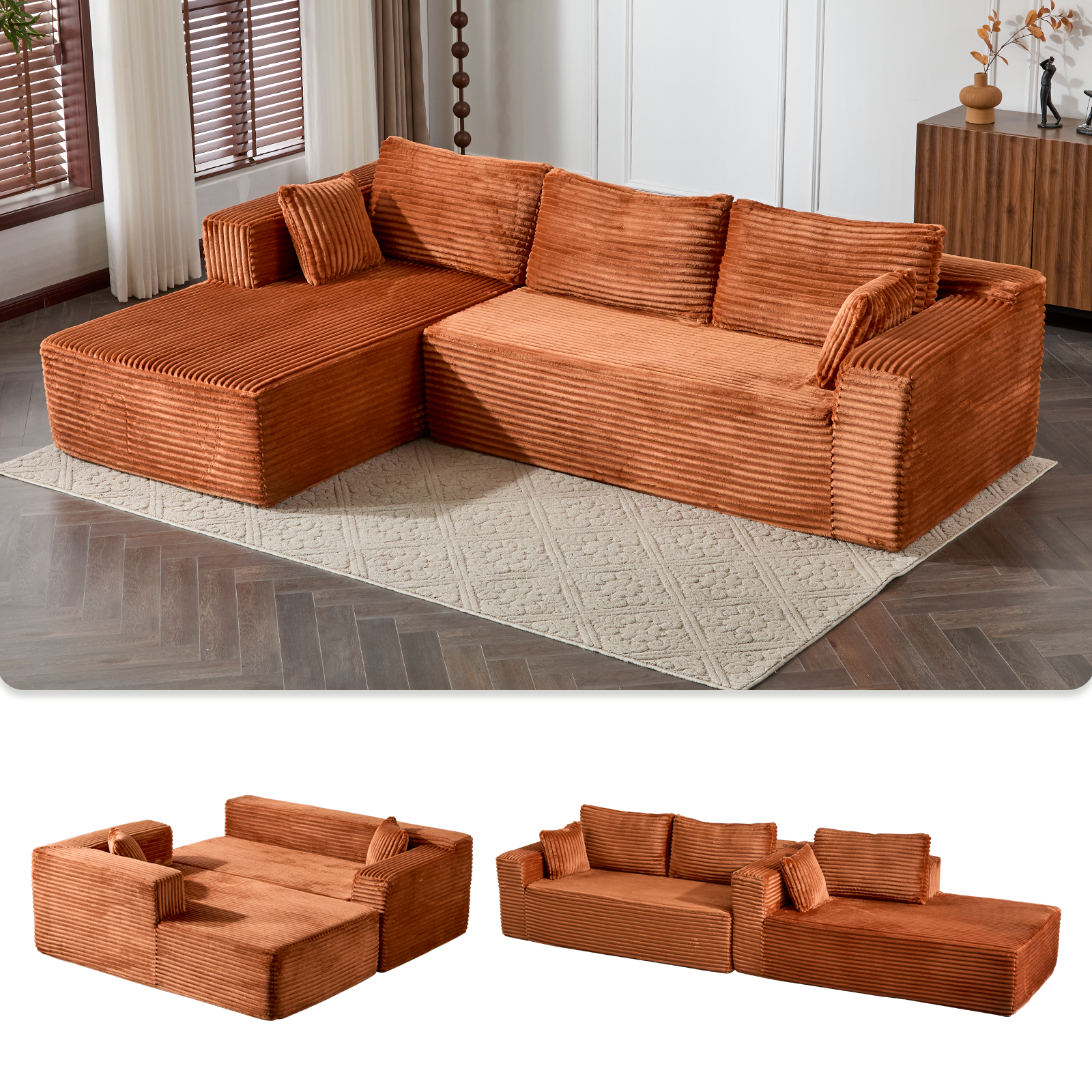 Kompressions-Sektionale Couch mit bequemer Chaise, knochenlose L-förmige Sofa mit tiefer Sitzfläche, minimalistisches modulares Couch-Sofabett für Wohnzimmer, Schlafzimmer, Apartment und Lounge, Corduroy, Braun