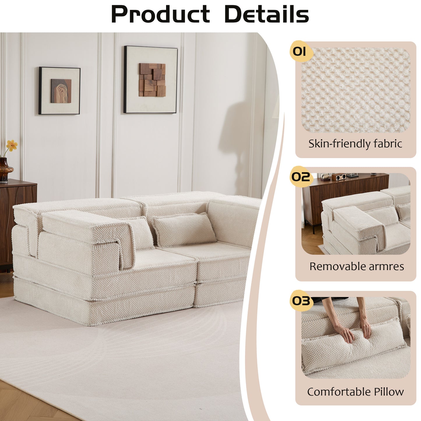 Kompressions-Mahjong-Sofa, umklappbares Boden-Sofabett, DIY knochenloses modulares Sektionssofa, keine Montage erforderlich, runder Fleece-Stoff, modernes überdimensioniertes Zweiersofa, Weiß