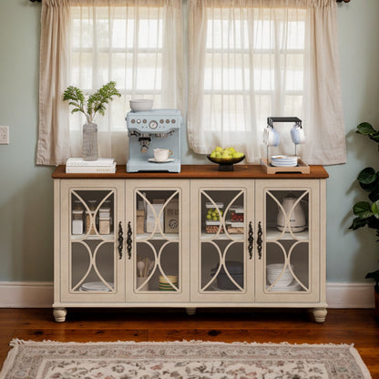 Elegantes europäisches Antiquitäten-Stil 4-Türenschrank mit gehärteten Glastüren, für Esszimmer, Wohnzimmer, Flur, einfache Montage, Beige