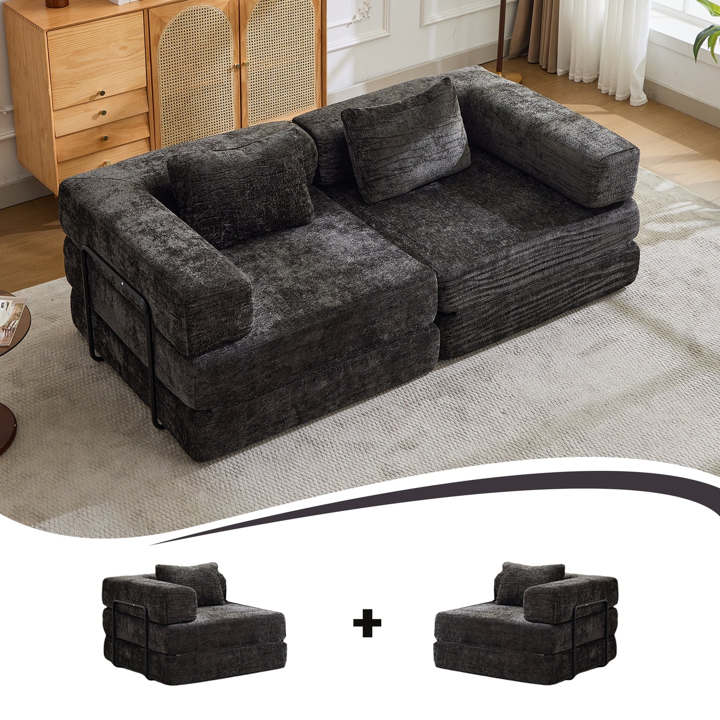 Kompressions-Sofa, Umklappbares Boden-Sofa-Bett mit festem Rahmen, Sessel knochenloses modulares Sektionalsofa, keine Montage erforderlich, Chenille-Stoff, für Wohnzimmer und Schlafzimmer, Schwarz