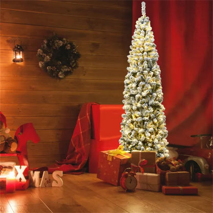 2,29 m schneegeflockter Bleistift-Weihnachtsbaum - 641 Astspitzen, 350 warme LED-Lichter, PVC+Metall