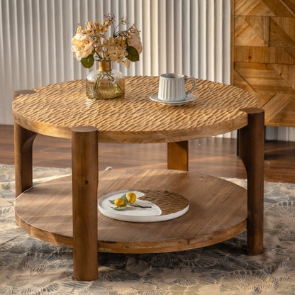 Runder Couchtisch aus Massivholz für das Wohnzimmer, 2-stufiger runder Couchtisch mit Stauraumregal, Couchtisch im Stil des Mid-Century Modern, für kleine Wohnräume im Zuhause, einfache Montage