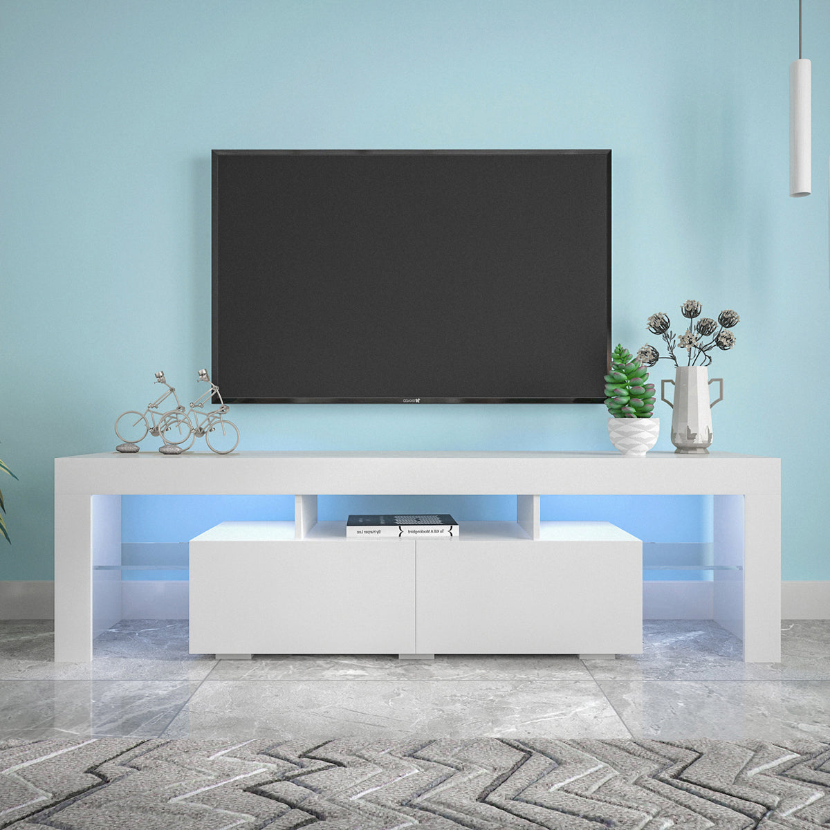 Moderne weiße TV-Ständer, 20-Farben-LED-TV-Ständer mit Fernbedienung für Lichter