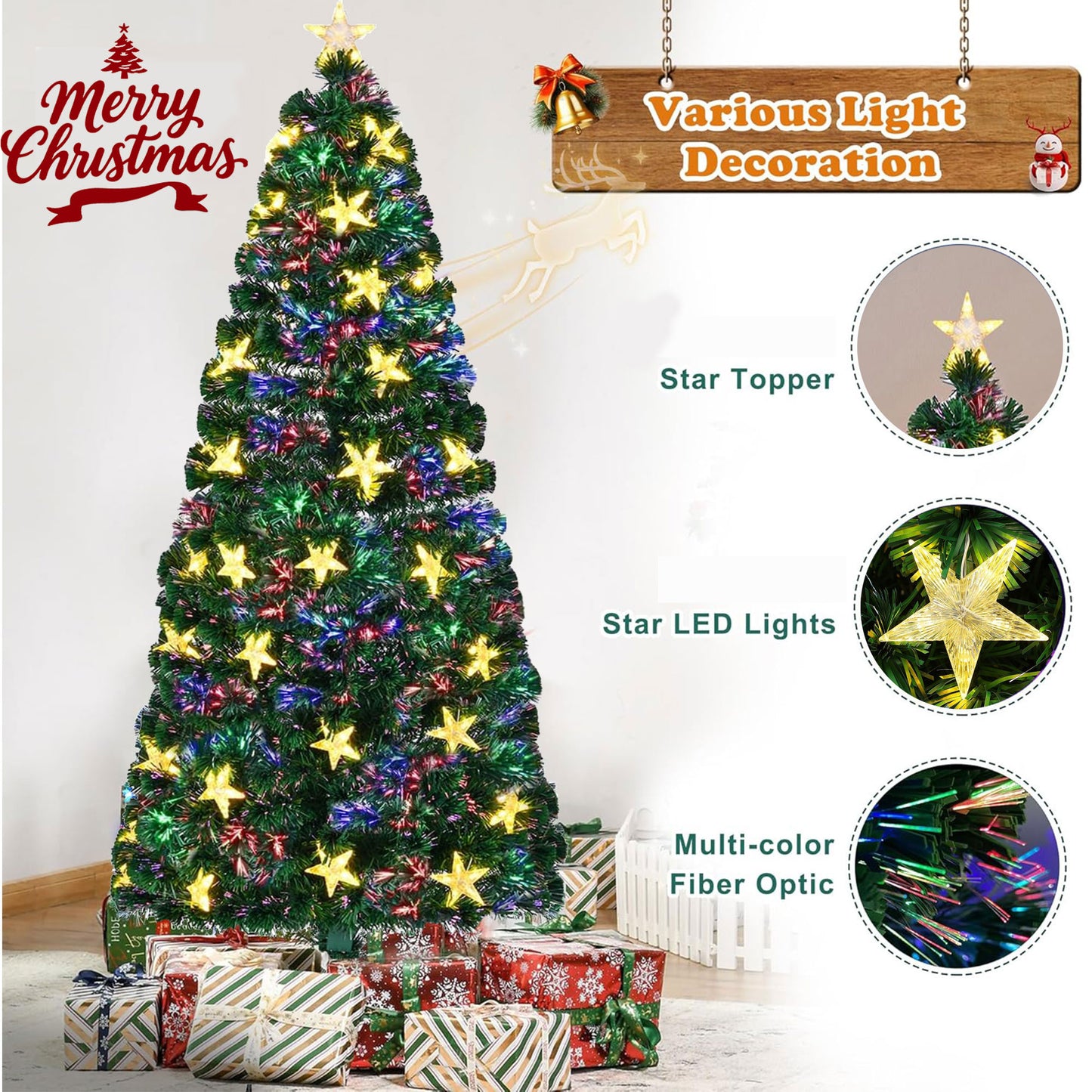 6FT Vorbeleuchteter Glasfaser-Weihnachtsbaum mit großen Sternen, künstlicher Weihnachtsbaum Fichte mit farbwechselnden optischen Glasfasernlichtern, mit Metallständer, vollständiger Baum für die Feiertagsdekoration