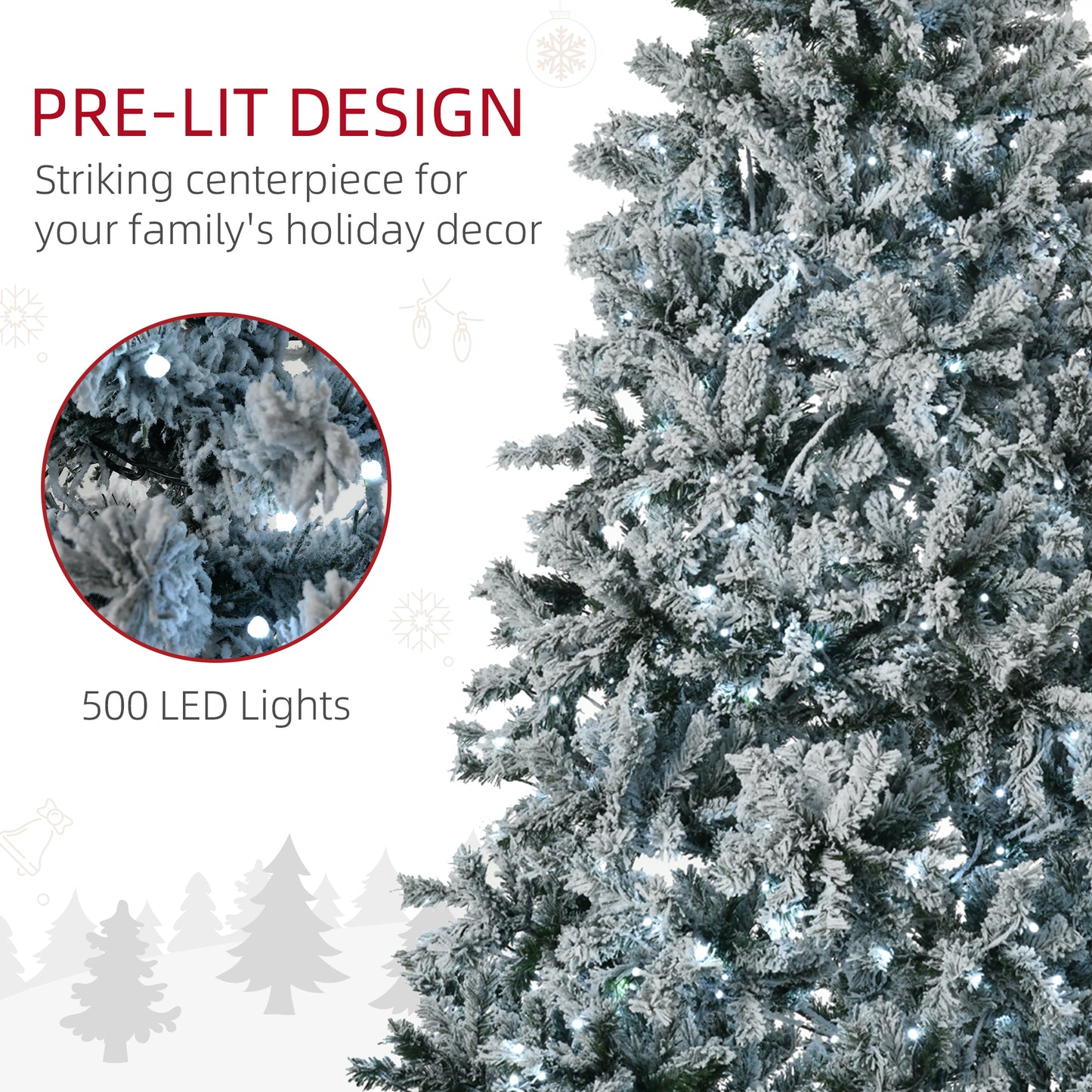 HOMCOM 2,3 m Künstlicher Weihnachtsbaum mit Flocke und kalten weißen LED-Lichtern