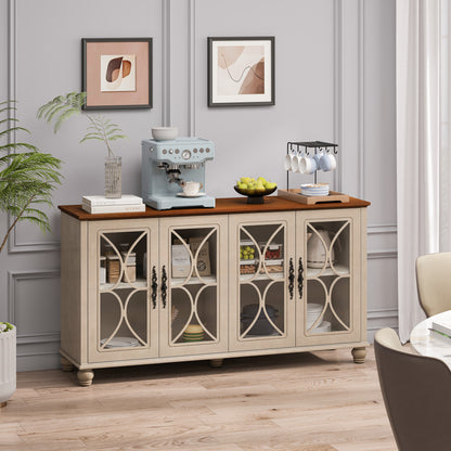 Elegantes europäisches Antiquitäten-Stil 4-Türenschrank mit gehärteten Glastüren, für Esszimmer, Wohnzimmer, Flur, einfache Montage, Beige