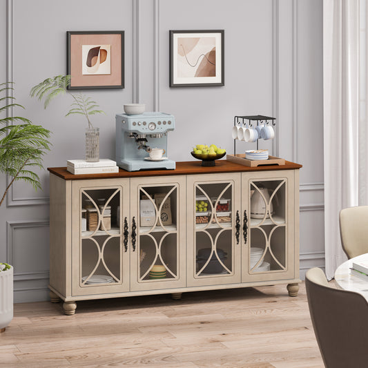 Elegantes europäisches Antiquitäten-Stil 4-Türenschrank mit gehärteten Glastüren, für Esszimmer, Wohnzimmer, Flur, einfache Montage, Beige