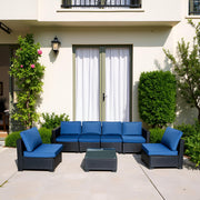 Siebenteiliges Sofaset mit Tisch und Sessel, Schwarz, PE-Rattan, Außenmöbel 7-JH001, Karton 3-1-2-3 mit blauen Sitzkissen