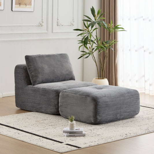 Moderne Kompressions-Schaumstoff-Sofa, Einzelne Chaiselongue für das Wohnzimmer, Haustierfreundliches Wolkenmodulares Ecksofa, Kordstoffbezug, Verschiebbare Pouf, Ohne Montage erforderlich, Grau