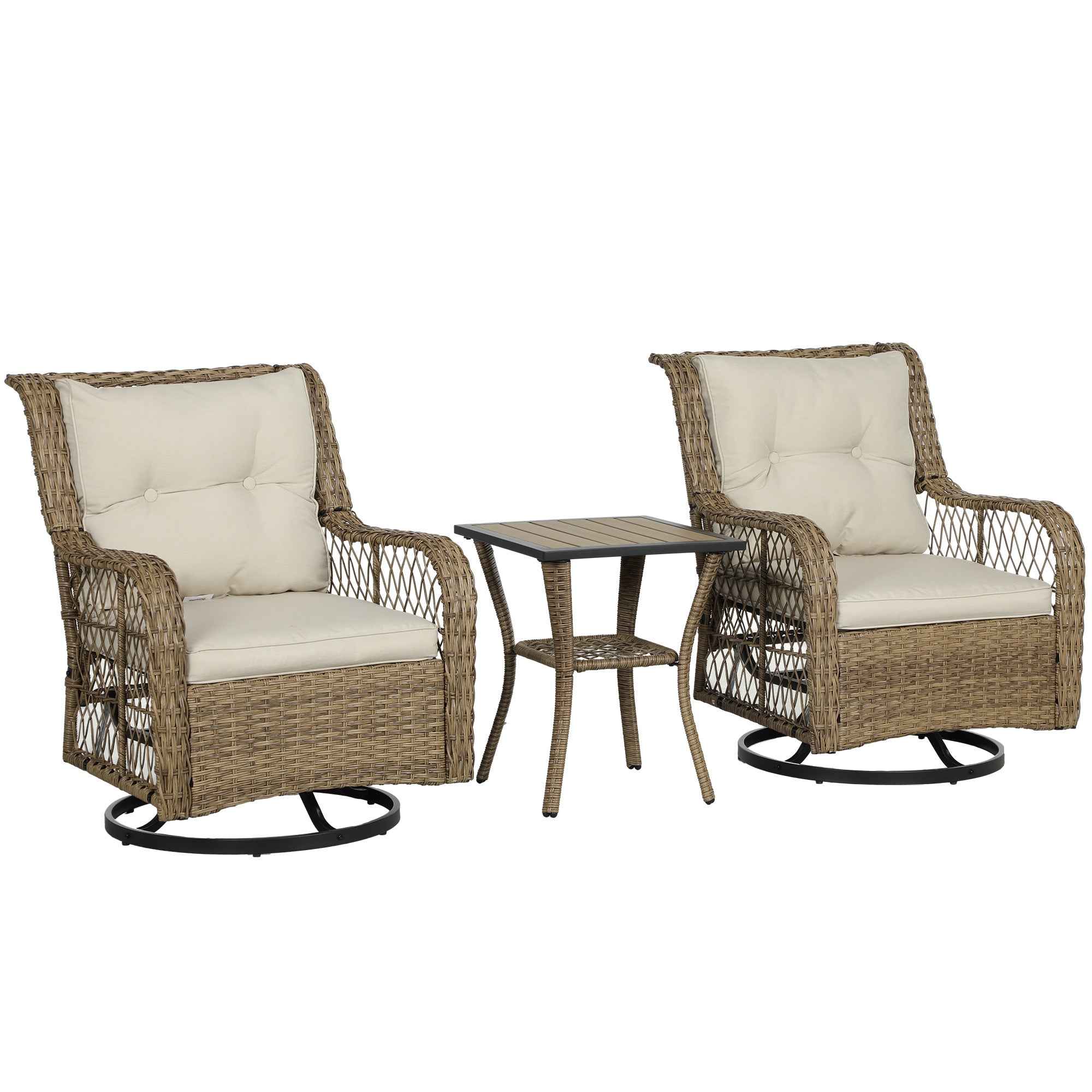 3-teiliges Outdoor-Bistro-Set, Korbmöbel-Kleines Terrassenmöbel-Set mit drehbaren Schaukelstühlen für Balkon, Veranda, Beige