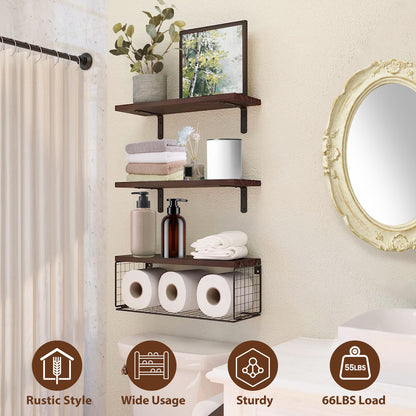 2 in 1 Wandregale mit Aufhängung und Stauraumbasket Badezimmerregale über der Toilette Holzregale für Schlafzimmer Wohnzimmer Küche Büro Wanddekoration Pflanzen