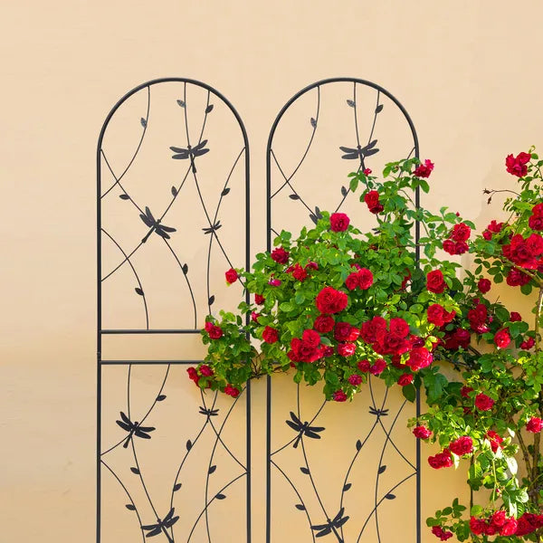 2er-Set Metall-Gartenspaliere 71" x 19,7" Rostfreies Spalier für Kletterpflanzen Außenblumenstütze Libellen-Dekor Schwarz