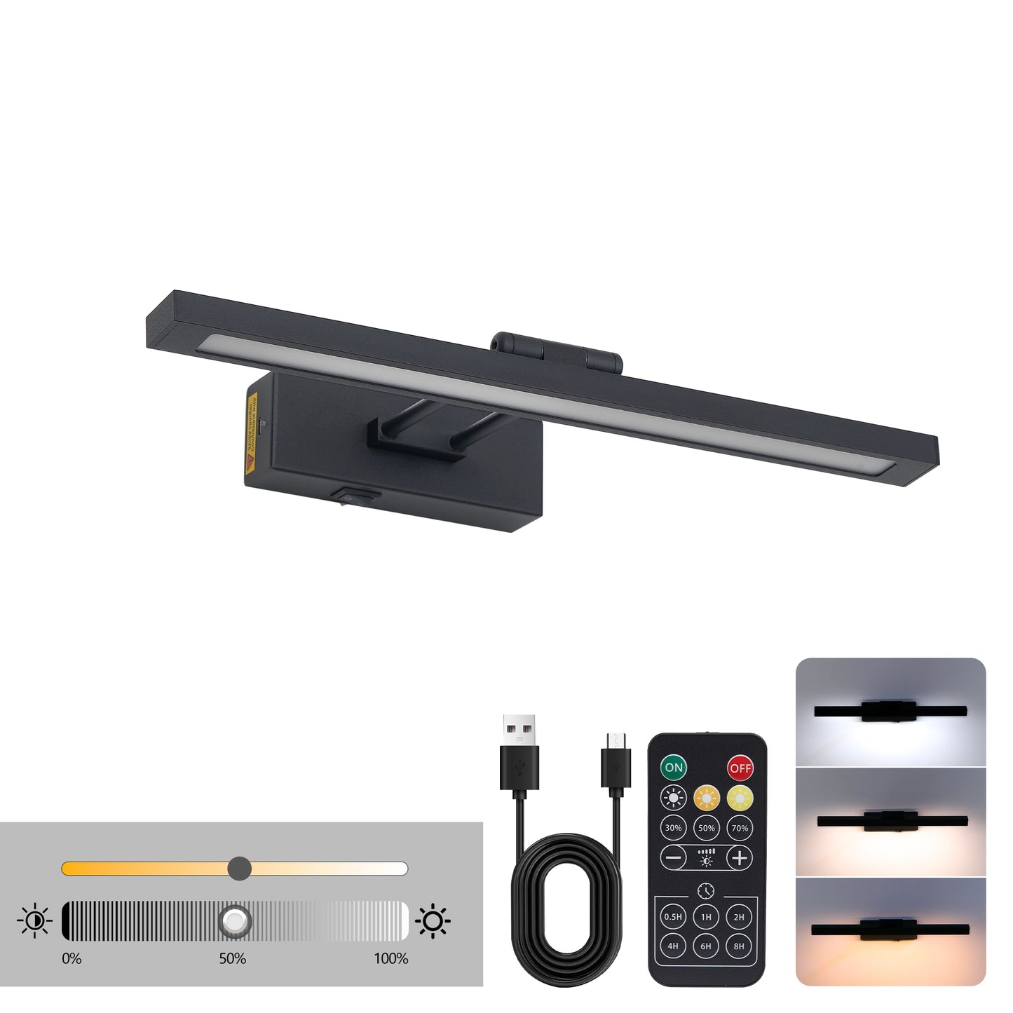 Bildbeleuchtung batteriebetrieben mit Fernbedienung, LED-Schwarz-Kunstlichter für Gemälde, wiederaufladbar, dimmbar und mit Timer, 16-Zoll-Wandleuchte für Kunstgemäldegalerie, verstellbarer Schwingarm für Ausstellungen