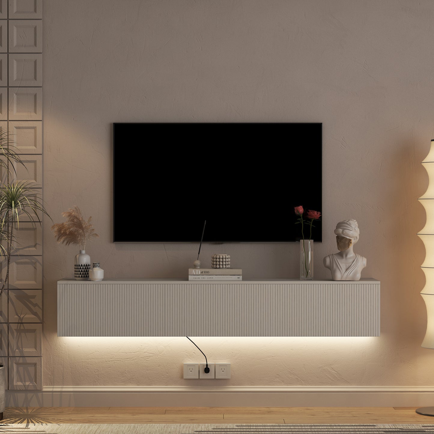 Schwebender TV-Ständer Wandmontiert mit 16-farbigen LEDs, Moderner TV-Ständer, Schwebender TV-Schrank Entertainment-Center für 55 60 65 Zoll TV