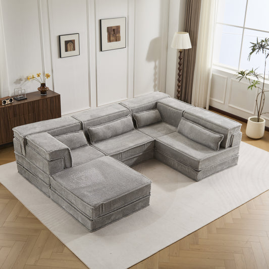 Kompressions-Mahjong-Sofa, Umwandelbares Boden-Sofabett, DIY Knochenloses Modulares Sektionalsofa, Keine Montage Erforderlich, Kreisförmiger Fleece-Stoff, Überdimensioniertes 4-Sitzer-Sofa mit 1 Hocker, Hellgrau