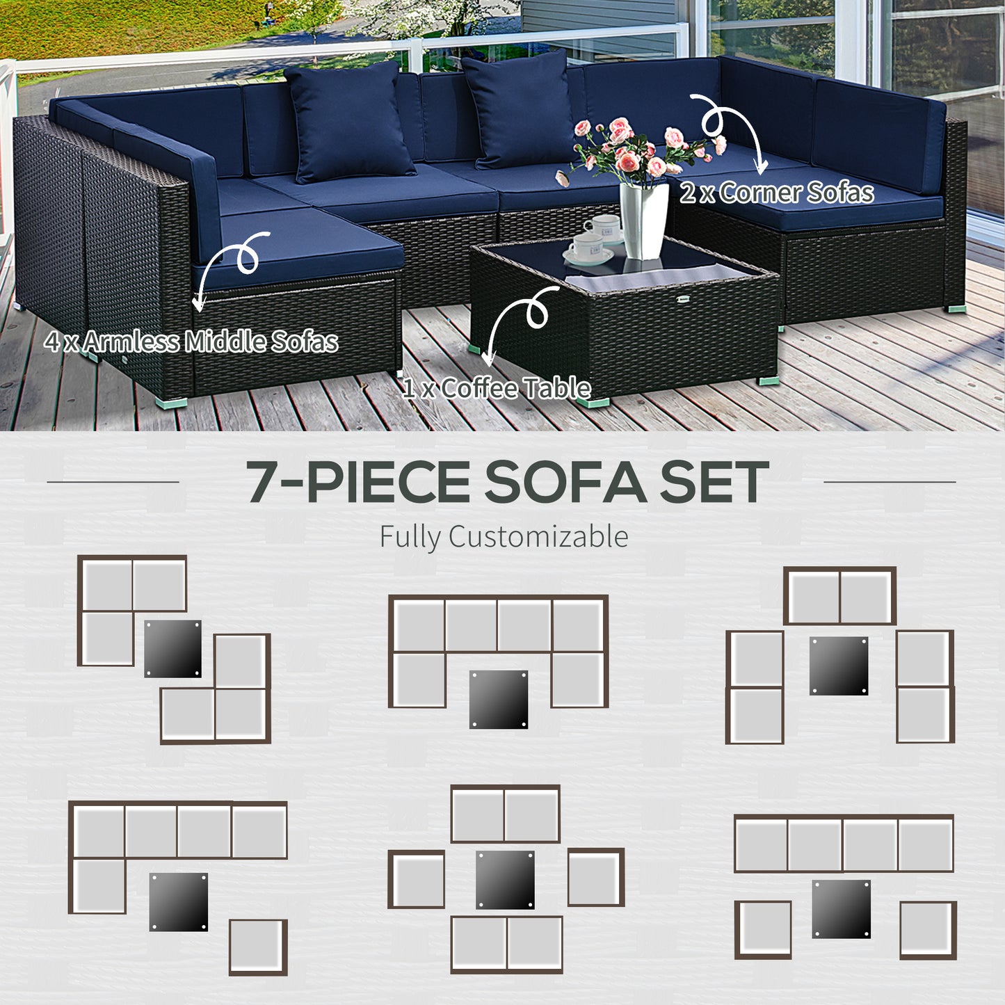 7-teiliges Rattan-Sofa, Outdoor-Patio-Möbelset mit abnehmbaren Kissen und Hocker, Glas-Couchtisch – Dunkelbraun Blau