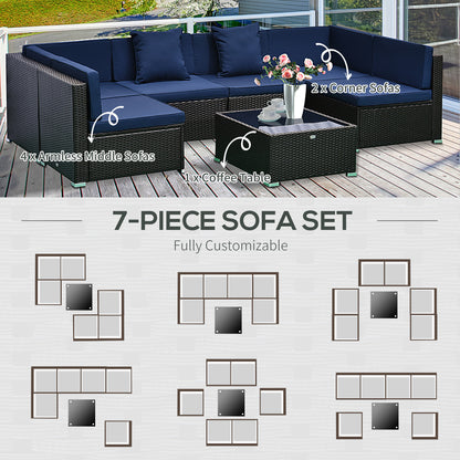 7-teiliges Rattan-Sofa, Outdoor-Patio-Möbelset mit abnehmbaren Kissen und Hocker, Glas-Couchtisch – Dunkelbraun Blau