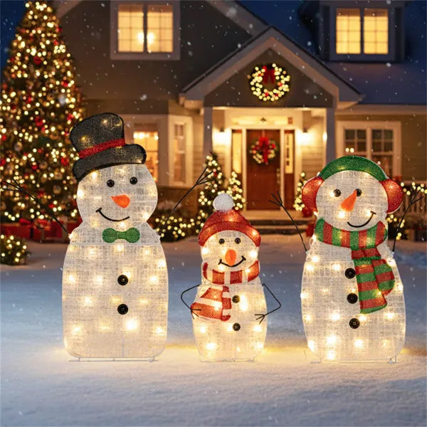 3-teiliges beleuchtetes Schneemann-Familien-Dekor - 95 warme weiße LEDs, Metall+Gefäß, 30,5"/25,5"/20,5" Größen (Mehrfarbig)