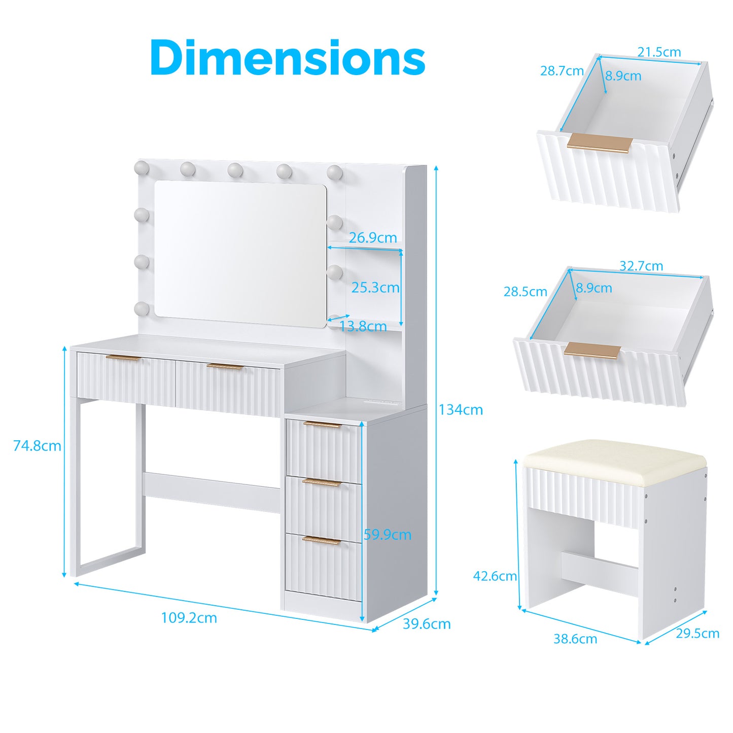 White Particleboard With A Melamine Finish, 5-drawer, 2-shelf Dressing Table Set With 11 Three-tone Light Bulbs, Power Strip, And Grille.