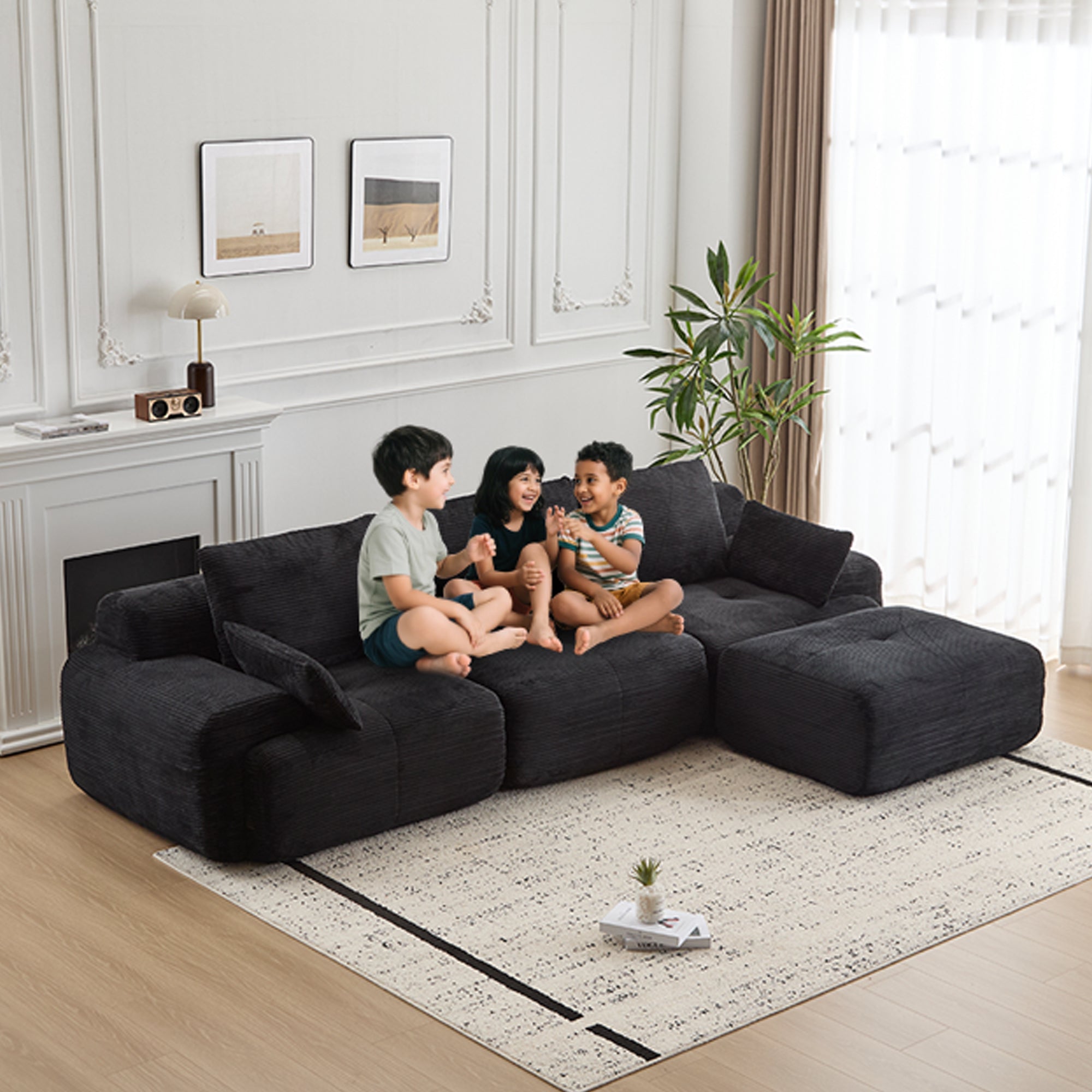 Moderne Kompressions-Memory-Schaum-Sofa, Große Ecksofas für das Wohnzimmer, Haustierfreundliches Wolkenmodulares Ecksofa, Kordstoff, Extra Tiefes Zweiersofa, Keine Montage erforderlich, Schwarz