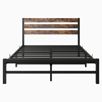 Vollgrößiges Plattform-Bettgestell mit rustikalem Vintage-Holz-Kopfteil, starke Metallleisten stützen die Matratzenunterlage, keine Boxspring-Federkern erforderlich, rustikales Braun
