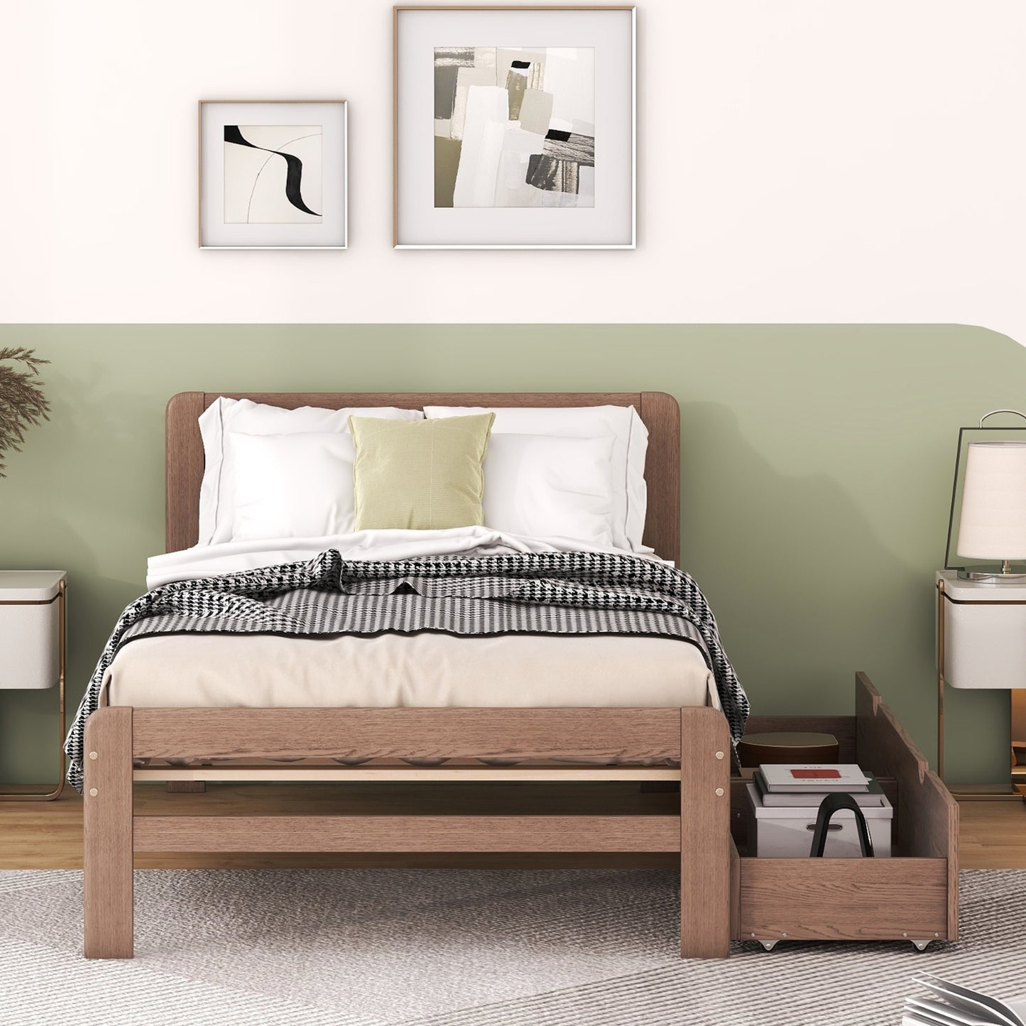 Moderner Design Doppelbettgestell in Plattformstil mit 2 Schubladen für Walnussfarbe