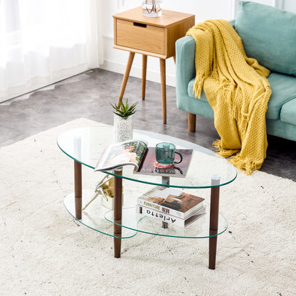Transparenter ovaler Glas-Couchtisch, 3-stufiges Eichenbein Modernes Wohnzimmertisch