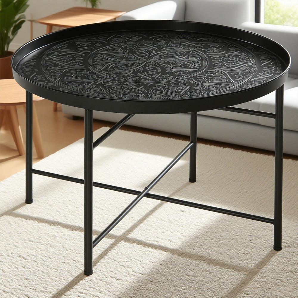 Couchtisch für das Wohnzimmer, 24-Zoll runder Mittelstisch mit gehämmertem Tablett-Oberteil und Metallrahmen für das Schlafzimmer, schwarz