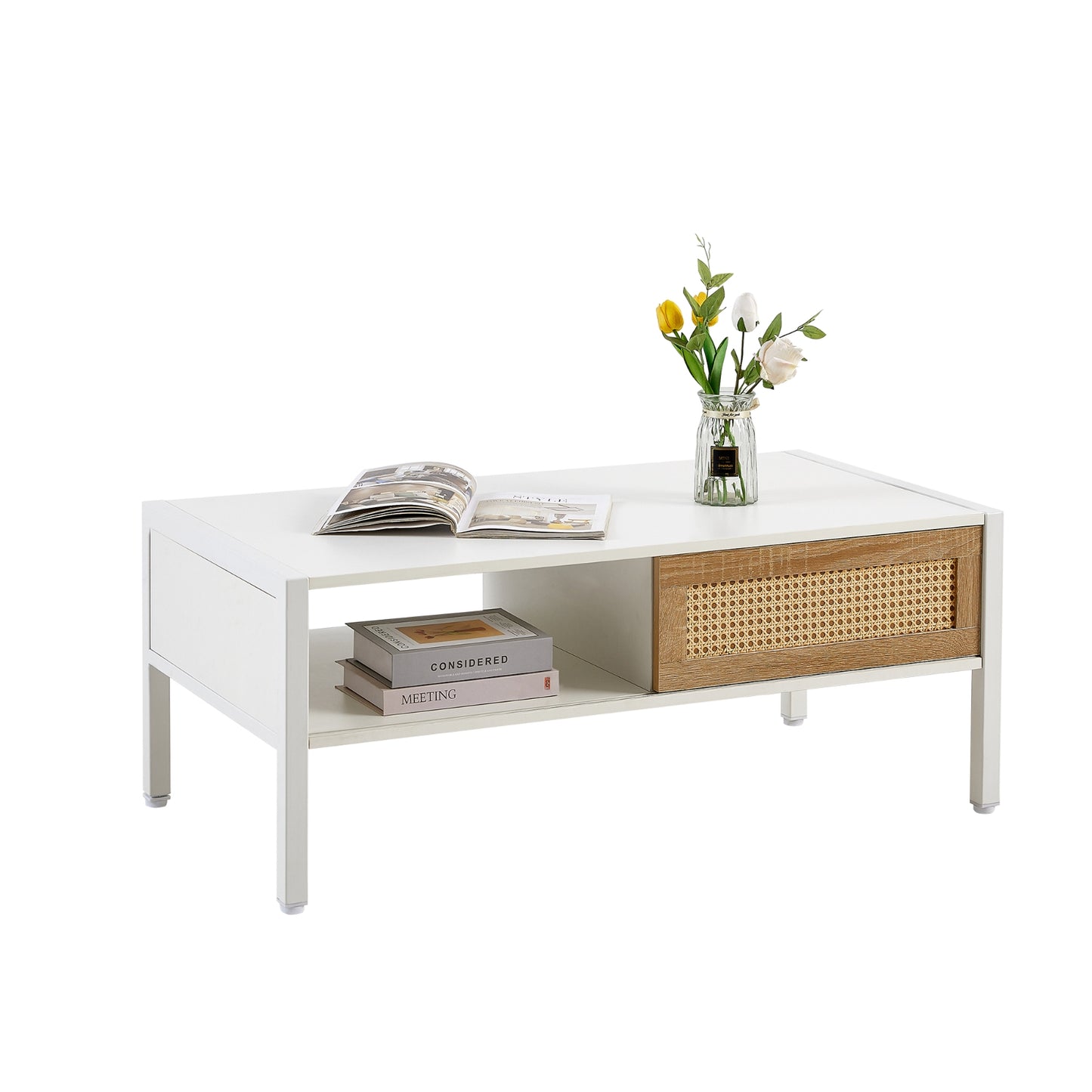40,16 Couchtisch aus Rattan mit Schiebetür, Metallbeine - Modernes Wohnzimmer