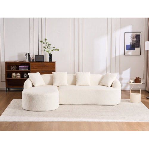 LY-022 Graue Kompressionssofa, Kombination aus Chaise Longue und 3-Sitzer, Holzmaserung-Chenille-Stoff, Voll-Schwamm-Kompressionssofa, kombinierte Sofa mit 4 Kissen für Wohnzimmer-Möbel in der Wohnung