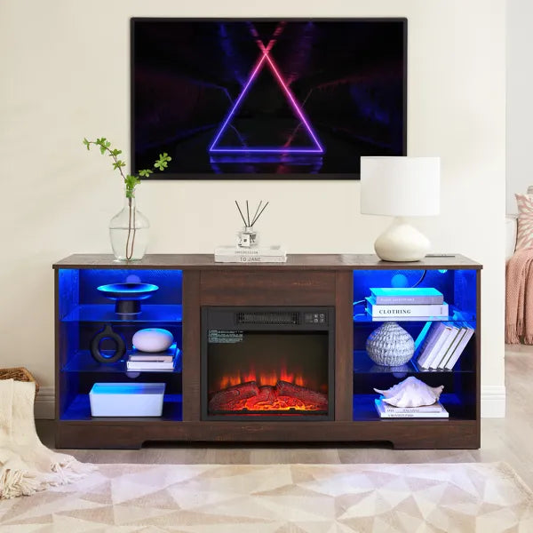 TV-Ständer mit elektrischem Kamin und Glasregalen, 3D-Kamin-TV-Ständer mit LED-Beleuchtung aus Holz mit USB-Ladeanschluss Moderner Fernsehtisch für TVs bis zu 62" ESP, 58''B*15,5''T*24,4"H