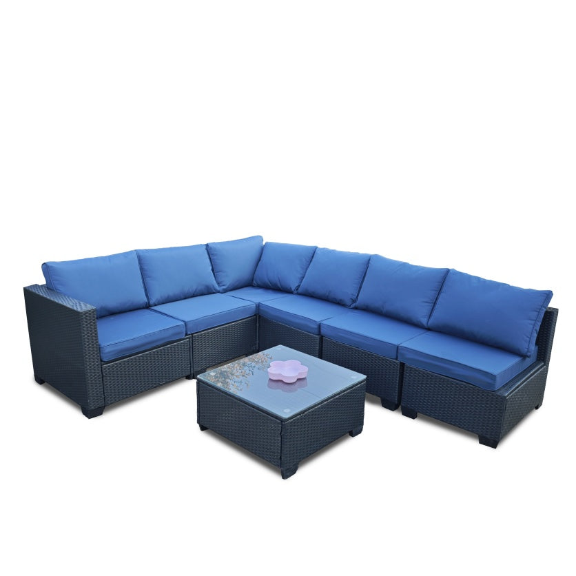 Siebenteiliges Sofaset mit Tisch und Sessel, Schwarz, PE-Rattan, Außenmöbel 7-JH001, Karton 3-1-2-3 mit blauen Sitzkissen