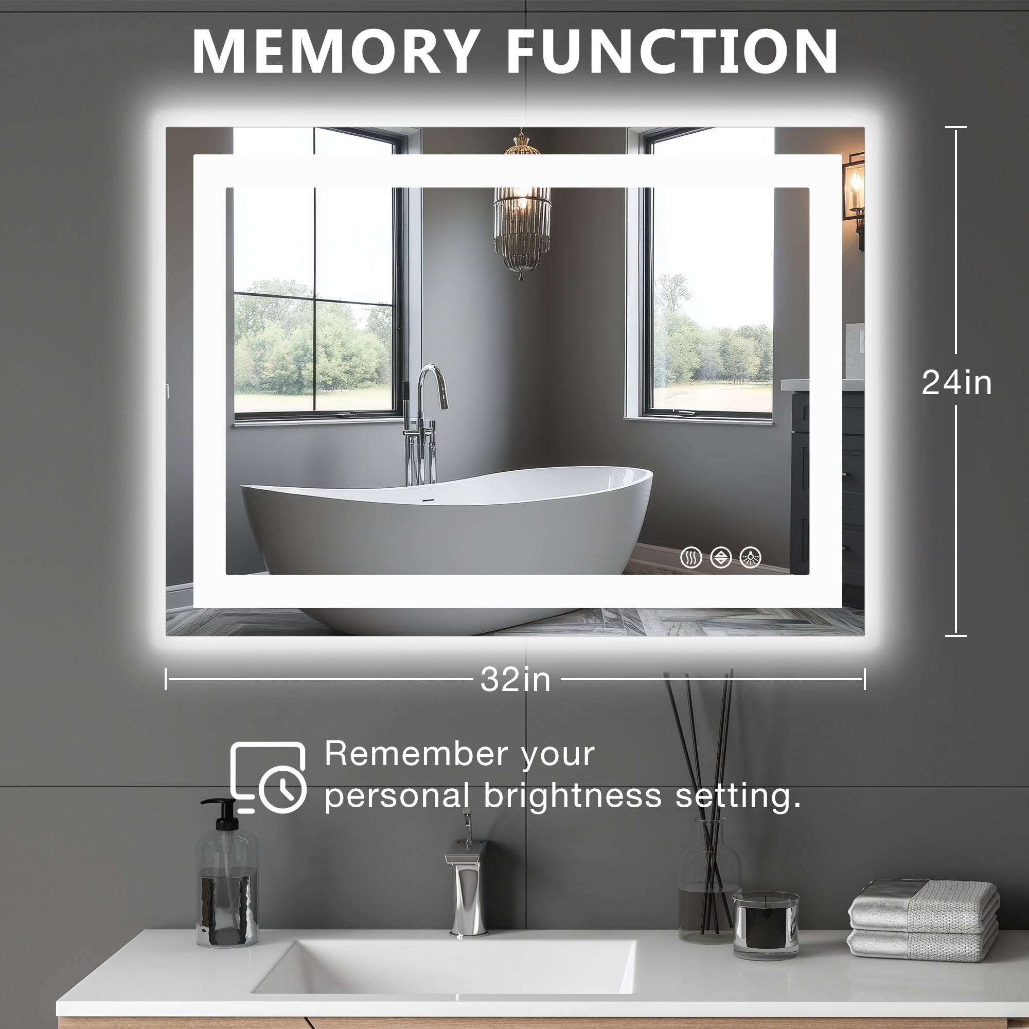 LED Anti-Fog Bathroom Mirror 28x36 Three Modes
