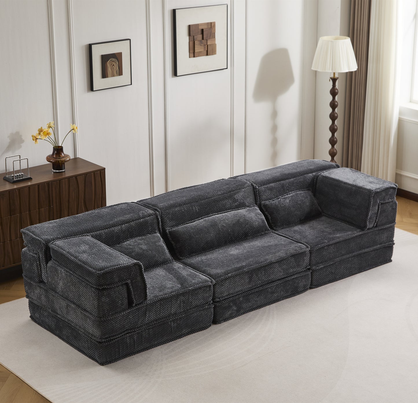 Kompressions-Mahjong-Sofa, umklappbares Boden-Sofabett, DIY knochenloses modulares Sektionssofa, keine Montage erforderlich, runder Fleece-Stoff, überdimensioniertes 3-Sitzer-Sofa mit 3 Kissen, Dunkelgrau