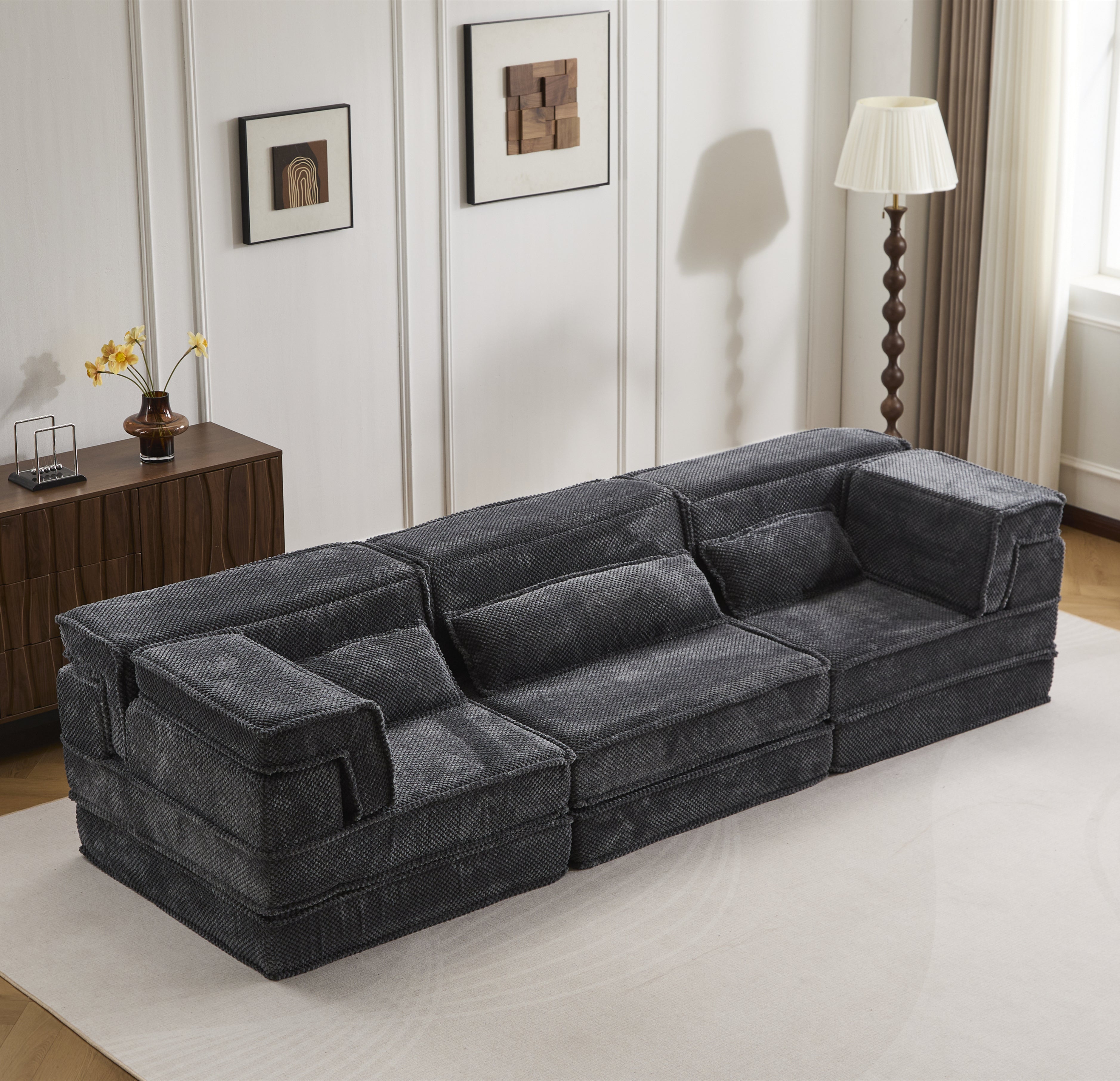 Kompressions-Mahjong-Sofa, umklappbares Boden-Sofabett, DIY knochenloses modulares Sektionssofa, keine Montage erforderlich, runder Fleece-Stoff, überdimensioniertes 3-Sitzer-Sofa mit 3 Kissen, Dunkelgrau