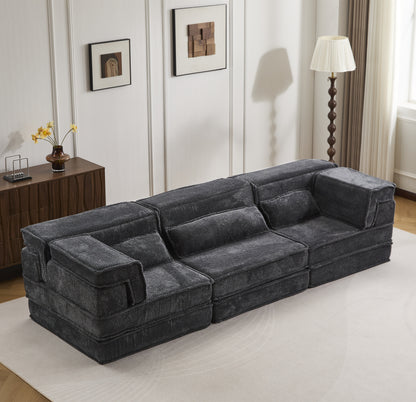 Kompressions-Mahjong-Sofa, umklappbares Boden-Sofabett, DIY knochenloses modulares Sektionssofa, keine Montage erforderlich, runder Fleece-Stoff, überdimensioniertes 3-Sitzer-Sofa mit 3 Kissen, Dunkelgrau