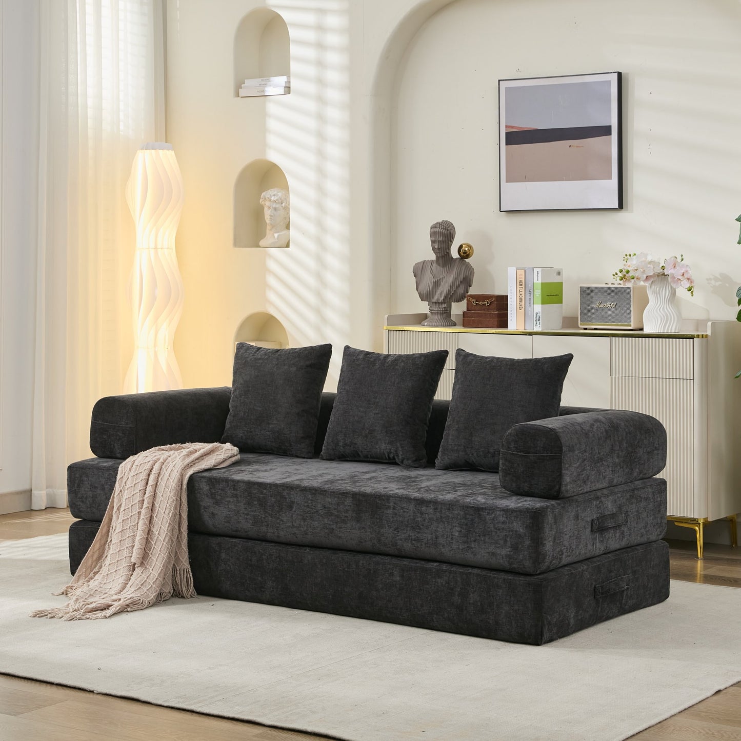 Komfortables umklappbares Matratzen-Sofabett, Boden-Sofabett, Chenille-Boden-Sofa mit Armlehne, Boden-Sofa-Lounge-Couch für Wohnzimmer, Schlafzimmer, Lounge und Studio – Schwarz