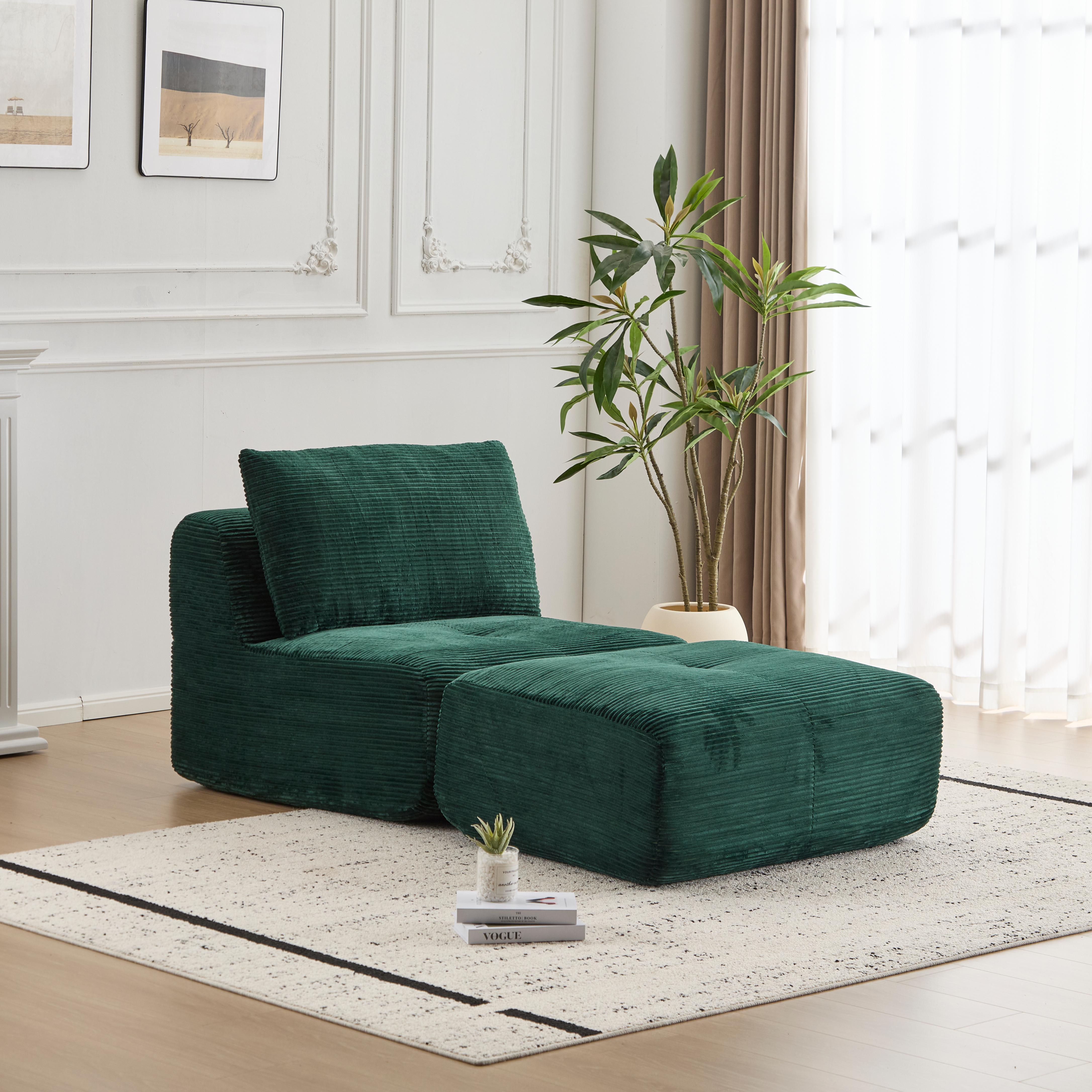 Moderne Kompressions-Schaumstoff-Sofa, Einzelne Chaiselongue für das Wohnzimmer, Haustierfreundliches Wolkenmodulares Sektionalsofa, Kordstoffbezug, Verschiebbare Pouf, Keine Montage erforderlich, Grün