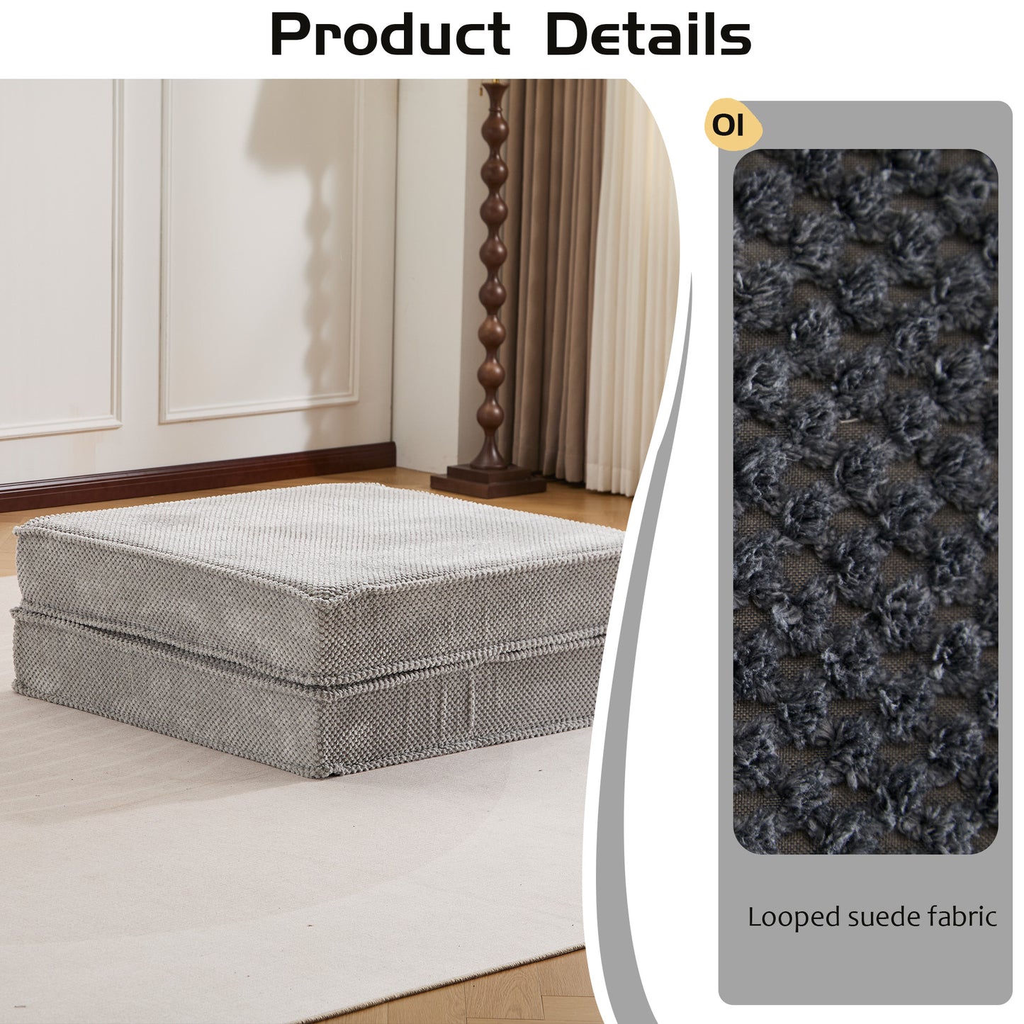 Kompressions-Mahjong-Sofa, umklappbares Boden-Sofabett, DIY knochenloses modulares Sektionssofa, keine Montage erforderlich, Kreisförmiger Fleece-Stoff, 1 Hocker, Hellgrau