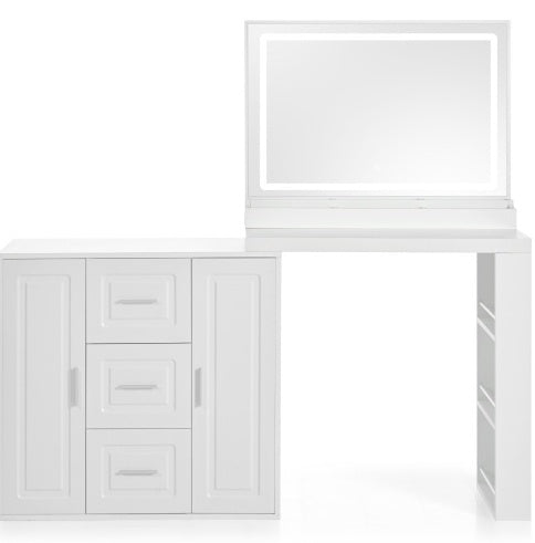 59Makeup-Toilettentisch mit Spiegel, Schminktischspiegel mit Beleuchtung, Ankleidetisch mit 3 Schubladen und 2 Schränken, Toilettentisch mit Stauraumregalen für das Schlafzimmer, Weiß