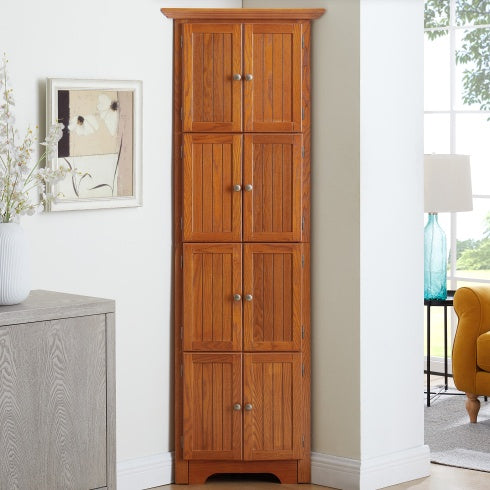 4-stufiger 72-Eck-Küchen-Vorratsschrank mit 8 Türen, hoher Stauraumschrank, Eckschrank und einstellbaren Regalen, Haus-Farmhaus-Bücherschrank für Badezimmer, Wohnzimmer, Küche EICHE